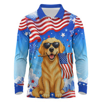My Dog Is A Democrat Long Sleeve Polo Shirt Golden Retriever Patriotic American Flag Graphic