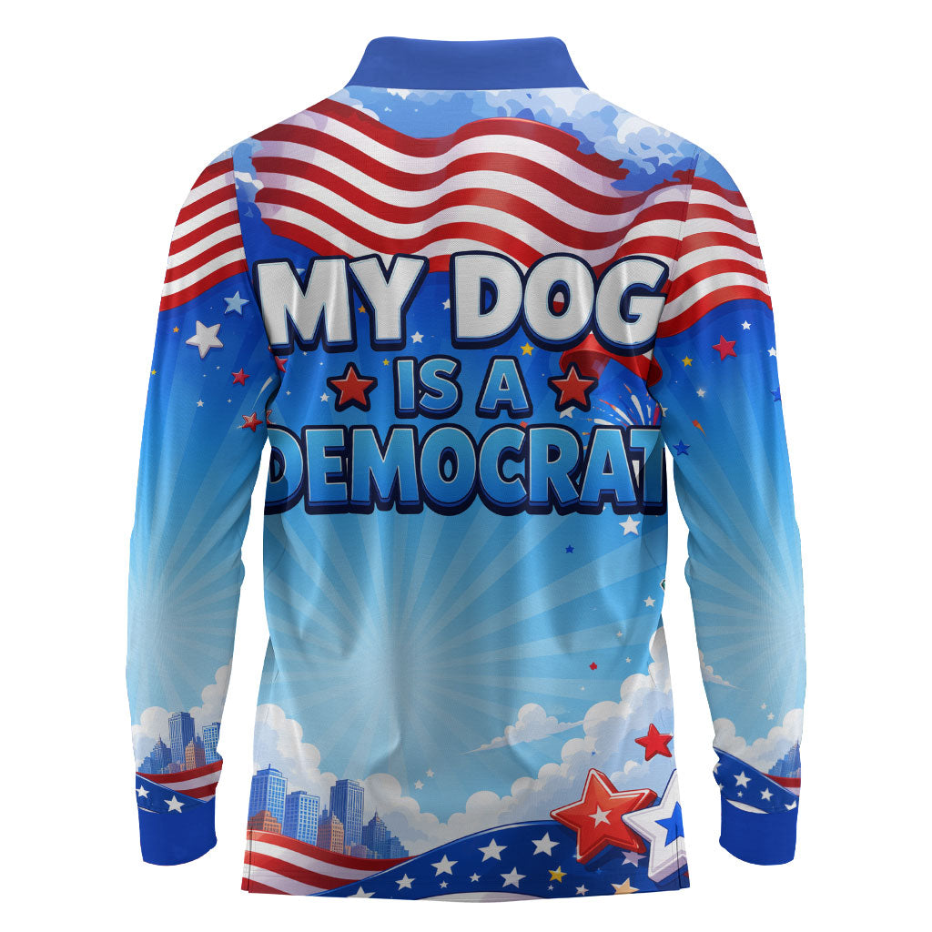 My Dog Is A Democrat Long Sleeve Polo Shirt Golden Retriever Patriotic American Flag Graphic