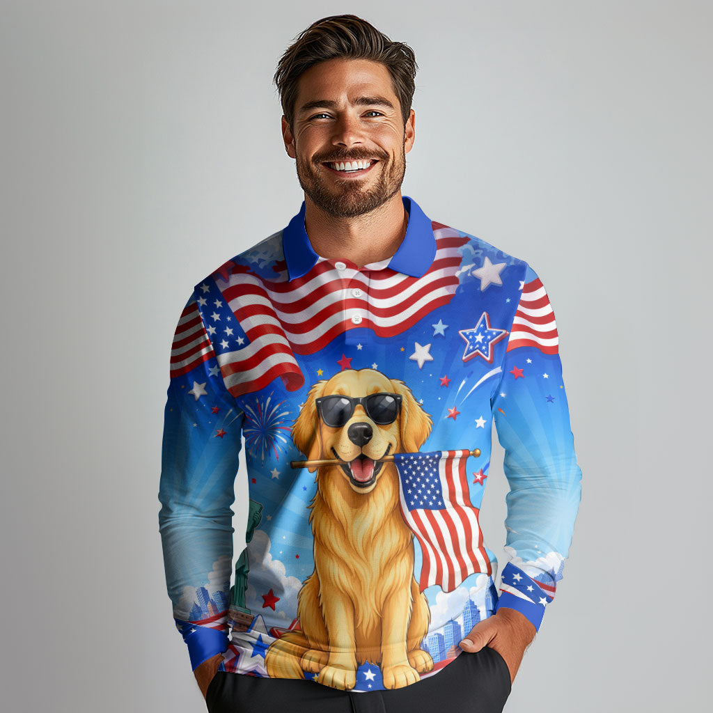 My Dog Is A Democrat Long Sleeve Polo Shirt Golden Retriever Patriotic American Flag Graphic