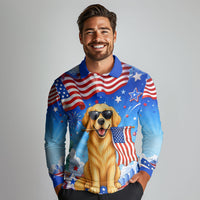 My Dog Is A Democrat Long Sleeve Polo Shirt Golden Retriever Patriotic American Flag Graphic