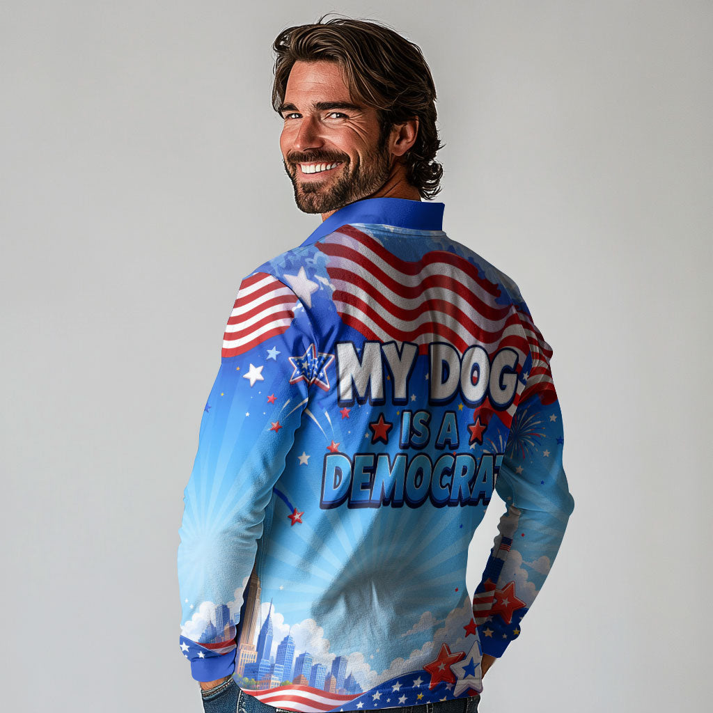 My Dog Is A Democrat Long Sleeve Polo Shirt Golden Retriever Patriotic American Flag Graphic
