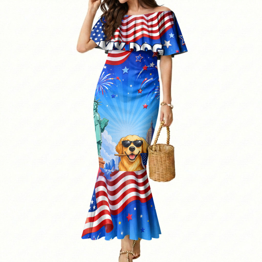 My Dog Is A Democrat Mermaid Dress Golden Retriever Patriotic American Flag Graphic