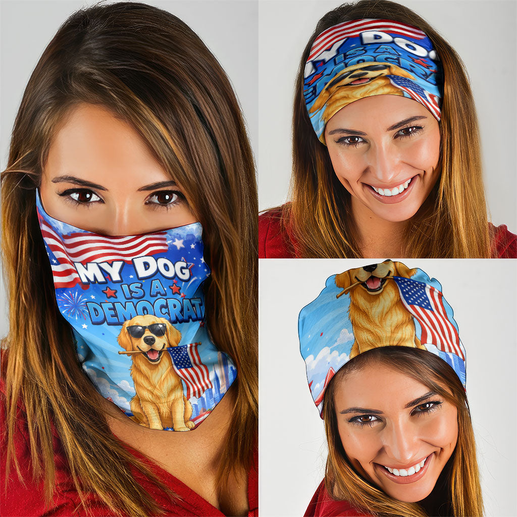 My Dog Is A Democrat Neck Gaiter Golden Retriever Patriotic American Flag Graphic