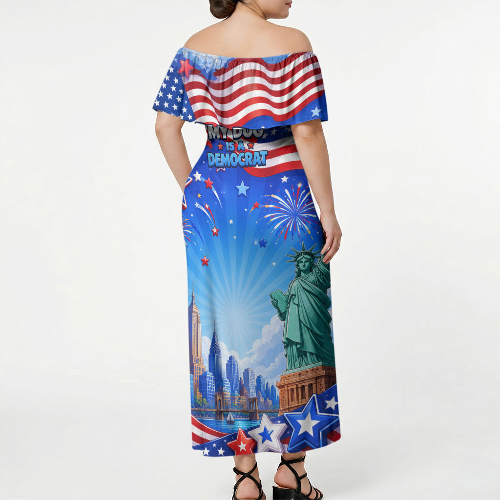 My Dog Is A Democrat Off Shoulder Maxi Dress Golden Retriever Patriotic American Flag Graphic