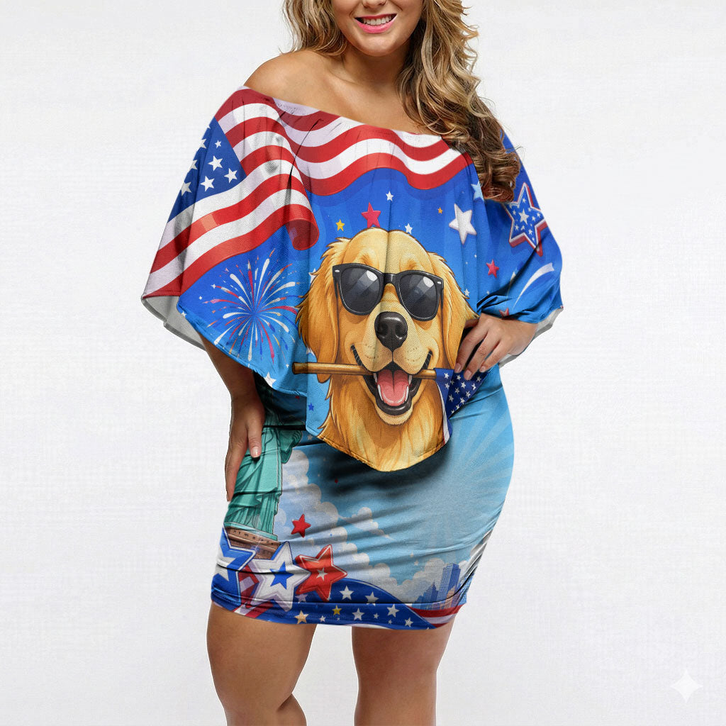 My Dog Is A Democrat Off Shoulder Short Dress Golden Retriever Patriotic American Flag Graphic