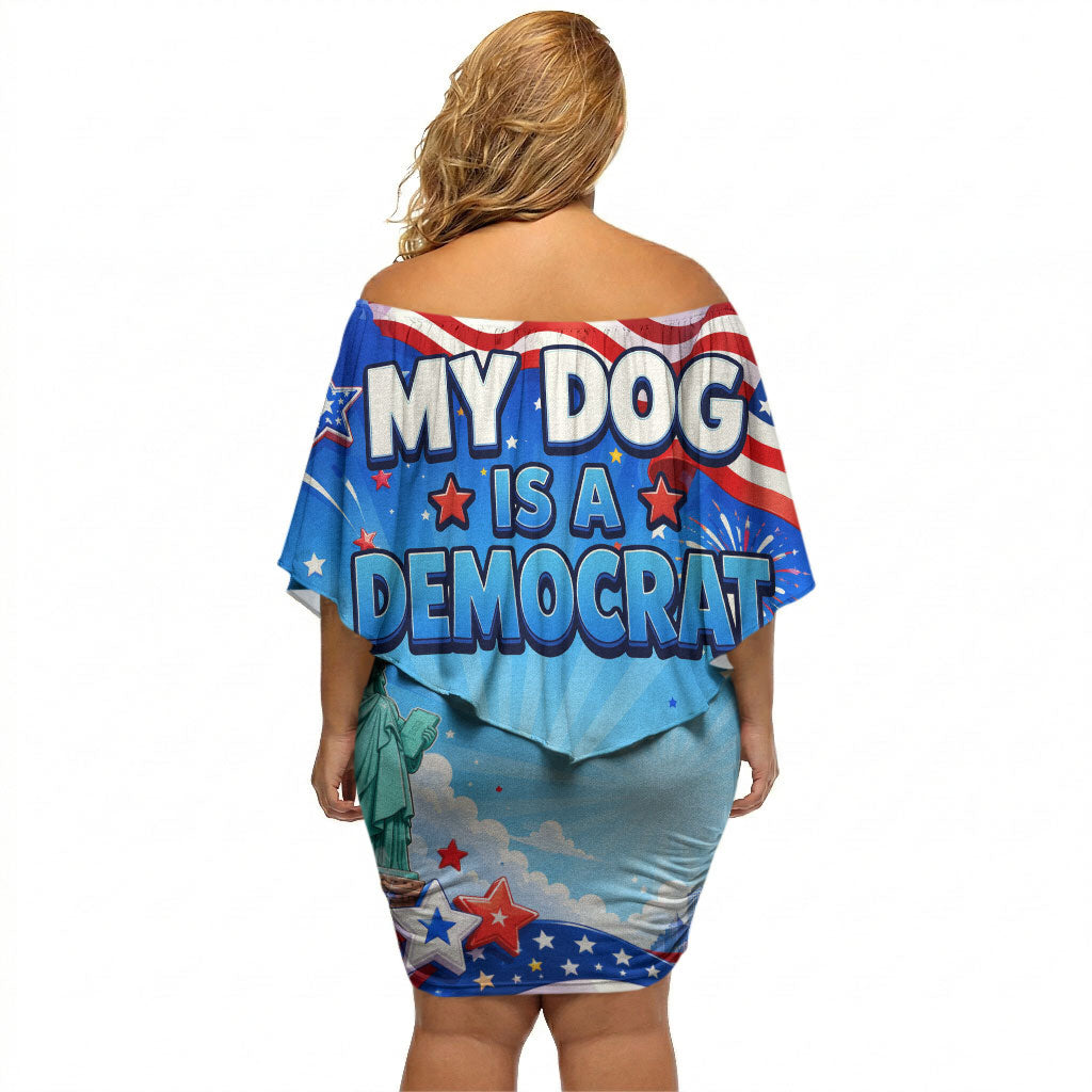 My Dog Is A Democrat Off Shoulder Short Dress Golden Retriever Patriotic American Flag Graphic