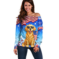 My Dog Is A Democrat Off Shoulder Sweater Golden Retriever Patriotic American Flag Graphic