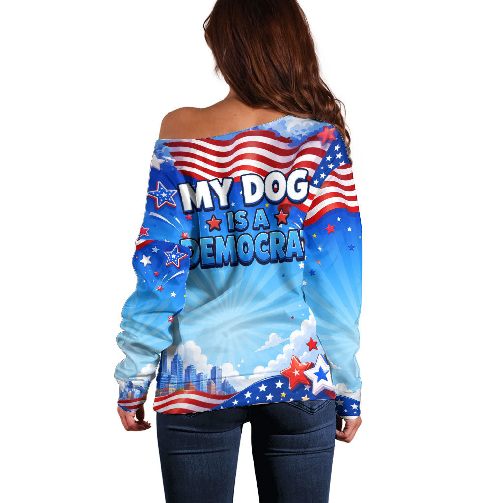 My Dog Is A Democrat Off Shoulder Sweater Golden Retriever Patriotic American Flag Graphic