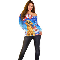 My Dog Is A Democrat Off Shoulder Sweater Golden Retriever Patriotic American Flag Graphic