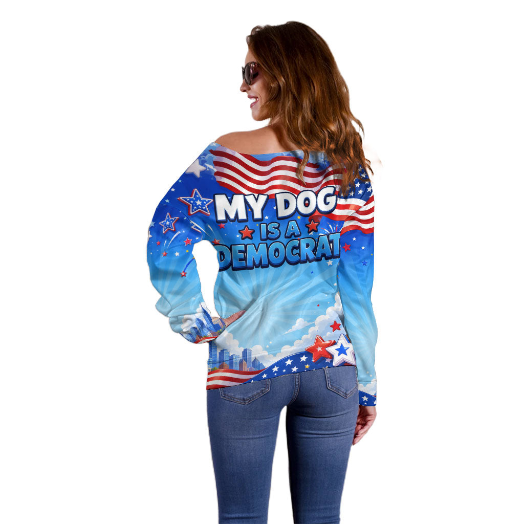 My Dog Is A Democrat Off Shoulder Sweater Golden Retriever Patriotic American Flag Graphic