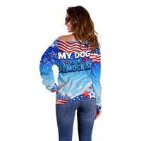 My Dog Is A Democrat Off Shoulder Sweater Golden Retriever Patriotic American Flag Graphic