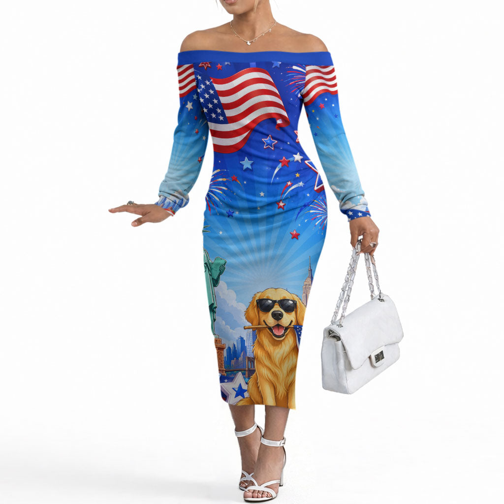 My Dog Is A Democrat Off The Shoulder Long Sleeve Dress Golden Retriever Patriotic American Flag Graphic