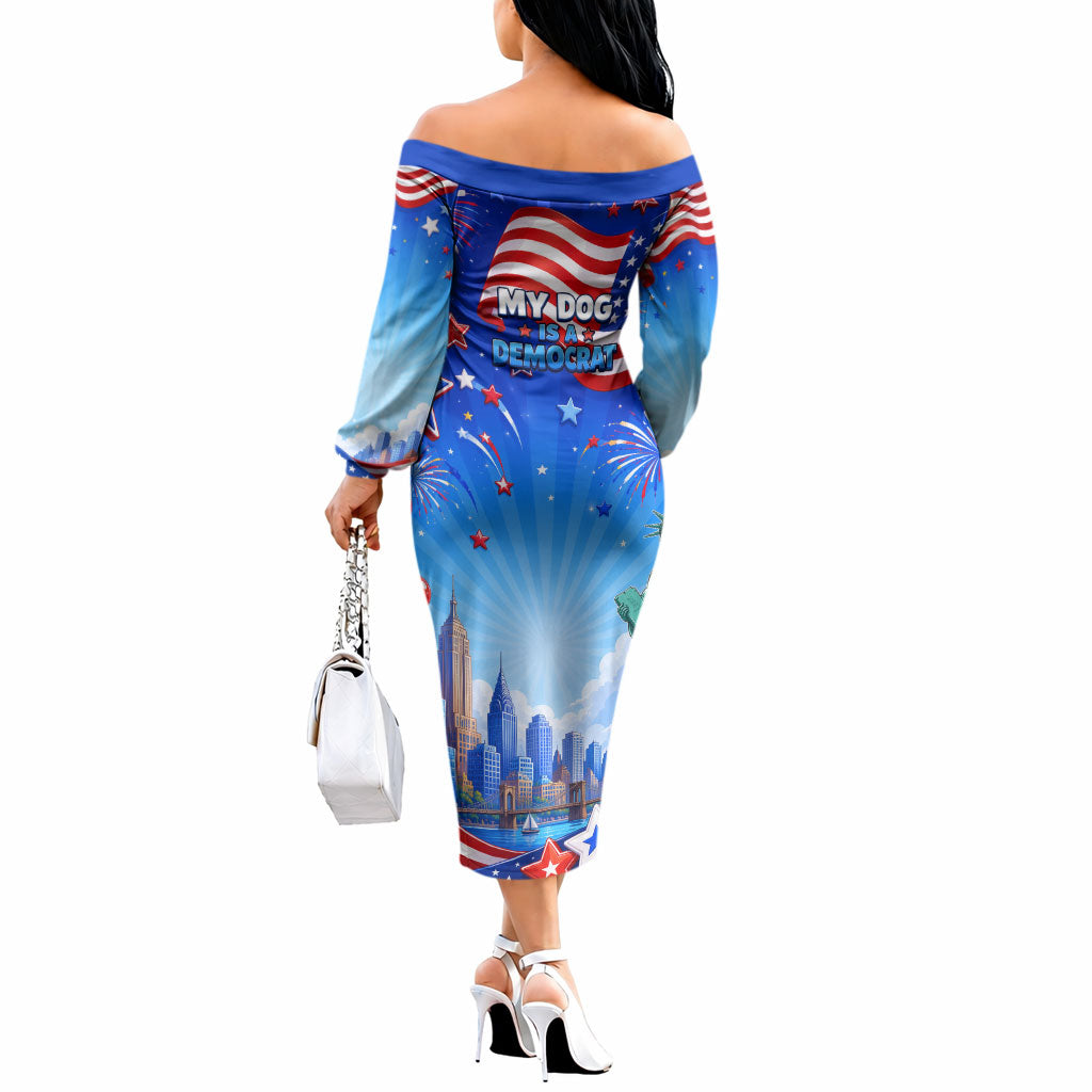 My Dog Is A Democrat Off The Shoulder Long Sleeve Dress Golden Retriever Patriotic American Flag Graphic