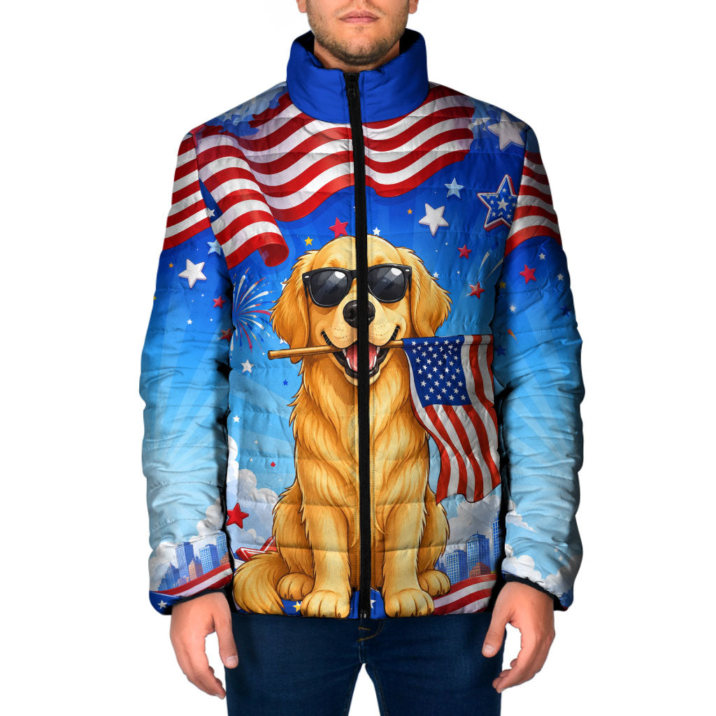 My Dog Is A Democrat Padded Jacket Golden Retriever Patriotic American Flag Graphic