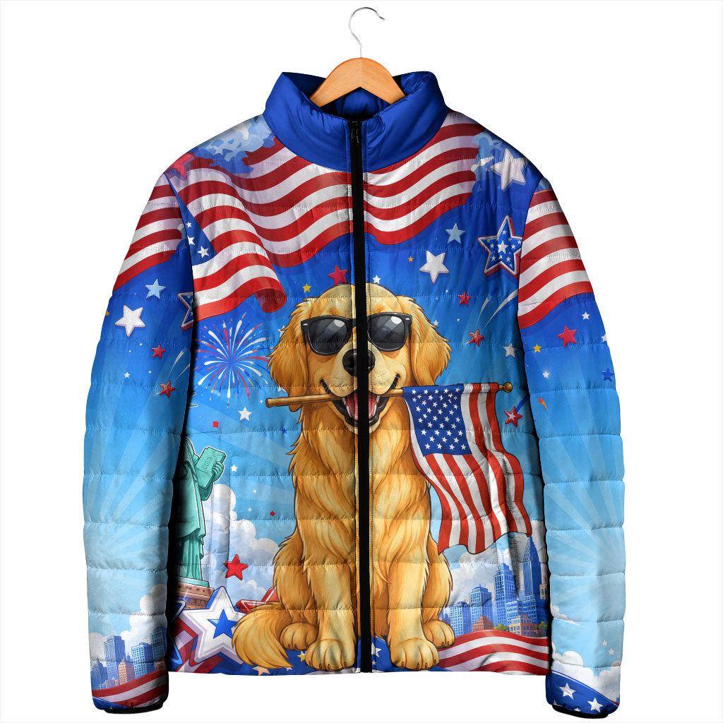 My Dog Is A Democrat Padded Jacket Golden Retriever Patriotic American Flag Graphic