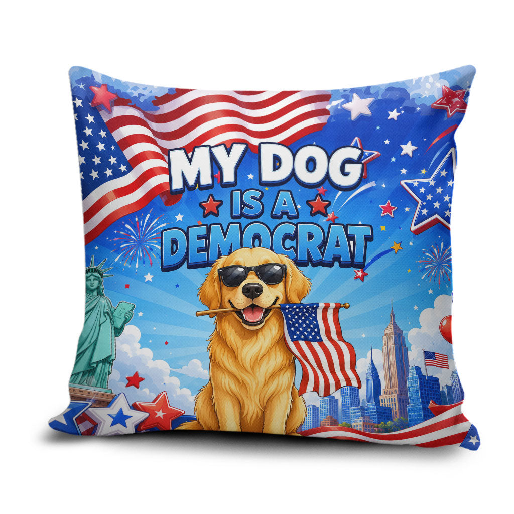 My Dog Is A Democrat Pillow Cover Golden Retriever Patriotic American Flag Graphic
