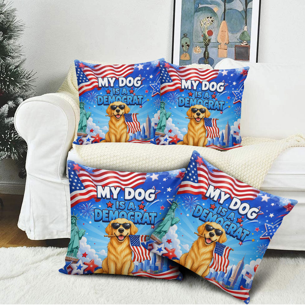 My Dog Is A Democrat Pillow Cover Golden Retriever Patriotic American Flag Graphic