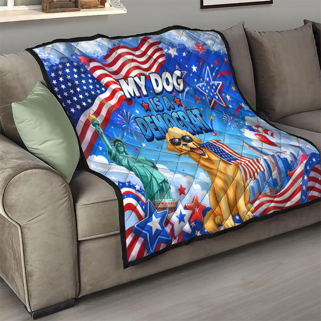 My Dog Is A Democrat Quilt Golden Retriever Patriotic American Flag Graphic