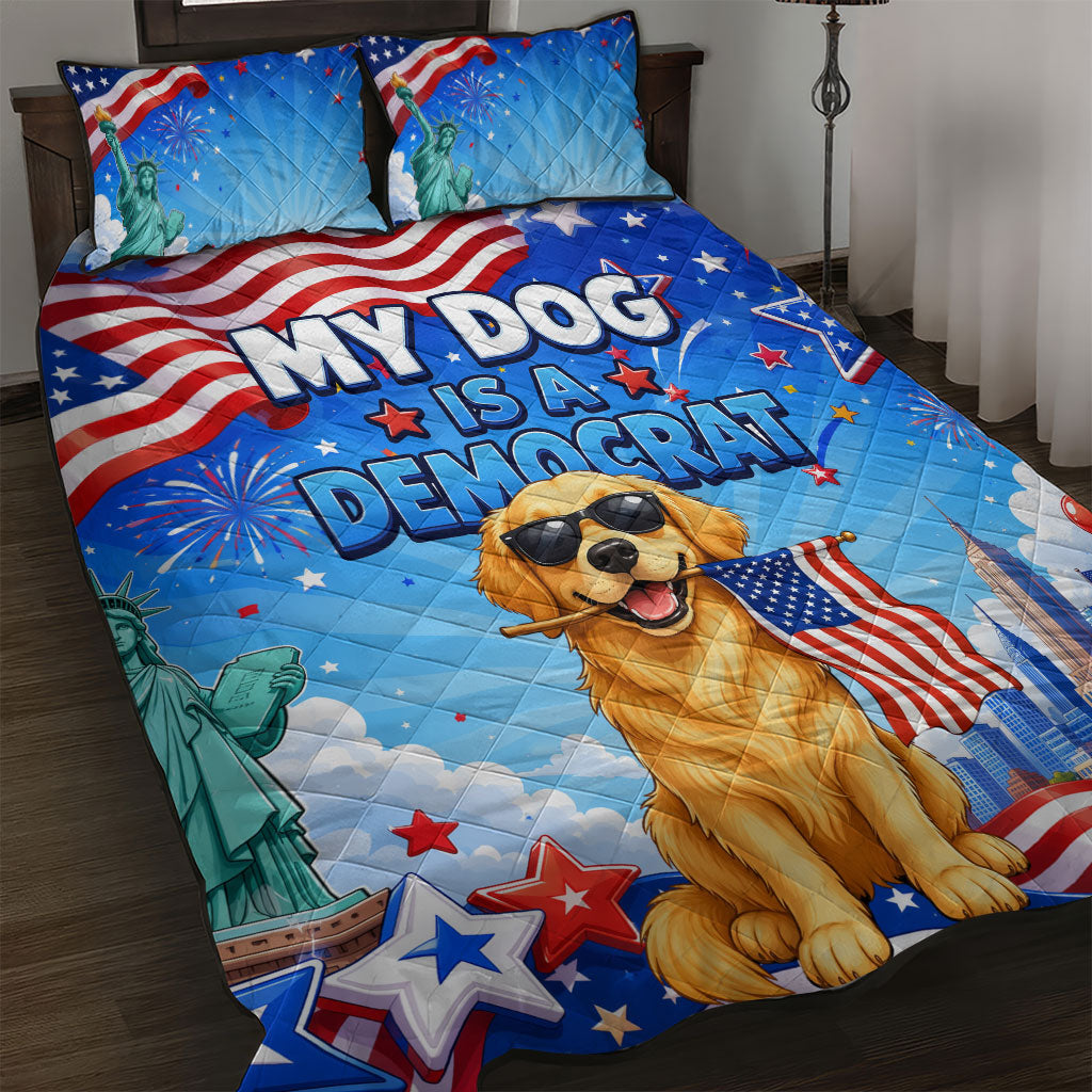 My Dog Is A Democrat Quilt Bed Set Golden Retriever Patriotic American Flag Graphic