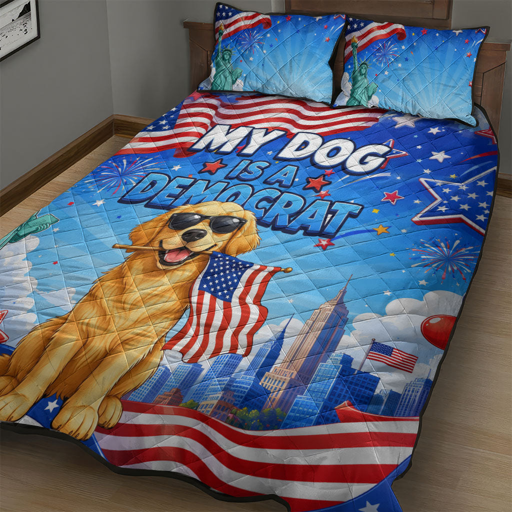 My Dog Is A Democrat Quilt Bed Set Golden Retriever Patriotic American Flag Graphic