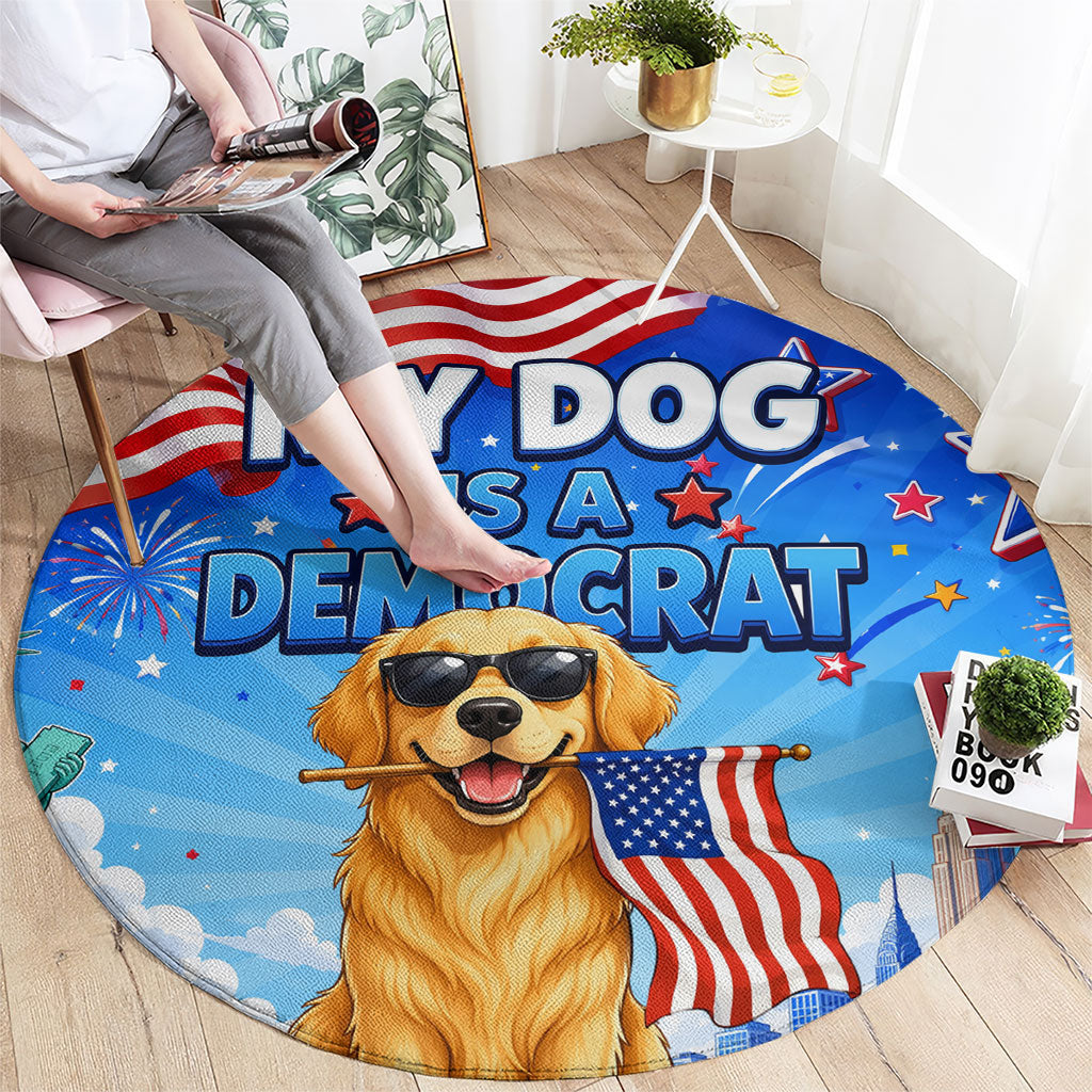 My Dog Is A Democrat Round Carpet Golden Retriever Patriotic American Flag Graphic