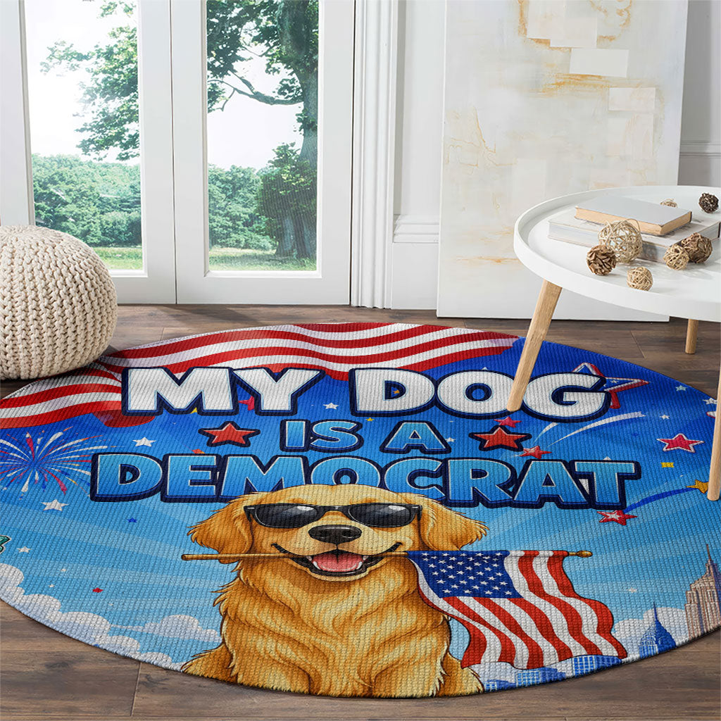 My Dog Is A Democrat Round Carpet Golden Retriever Patriotic American Flag Graphic