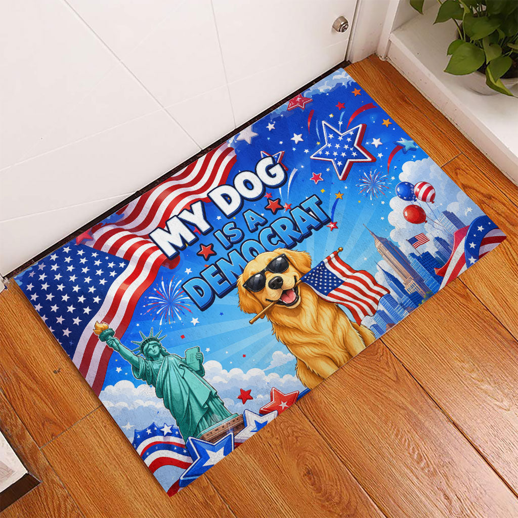 My Dog Is A Democrat Rubber Doormat Golden Retriever Patriotic American Flag Graphic