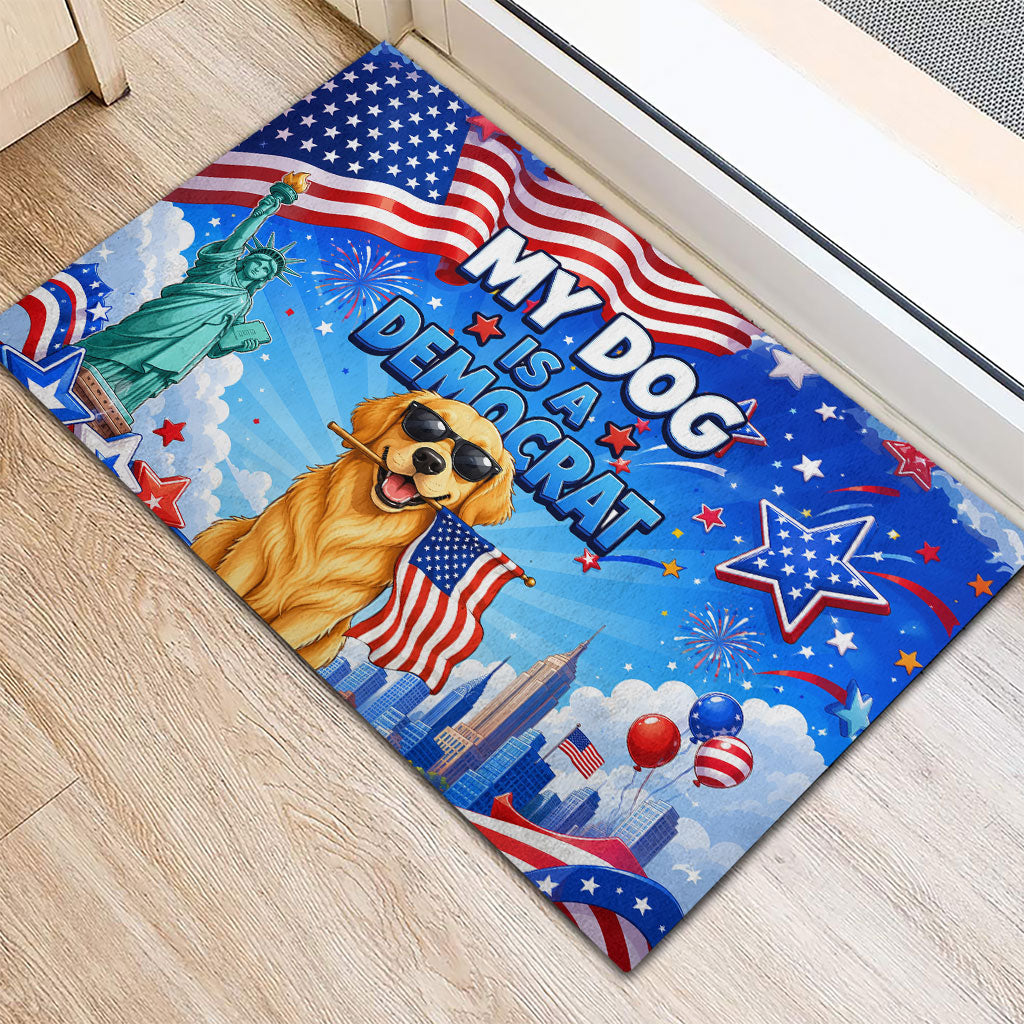 My Dog Is A Democrat Rubber Doormat Golden Retriever Patriotic American Flag Graphic