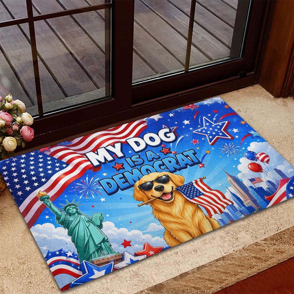 My Dog Is A Democrat Rubber Doormat Golden Retriever Patriotic American Flag Graphic