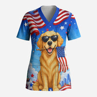 My Dog Is A Democrat Scrub Top Golden Retriever Patriotic American Flag Graphic