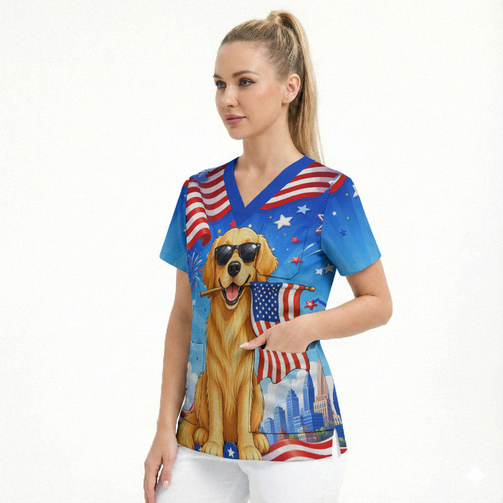 My Dog Is A Democrat Scrub Top Golden Retriever Patriotic American Flag Graphic