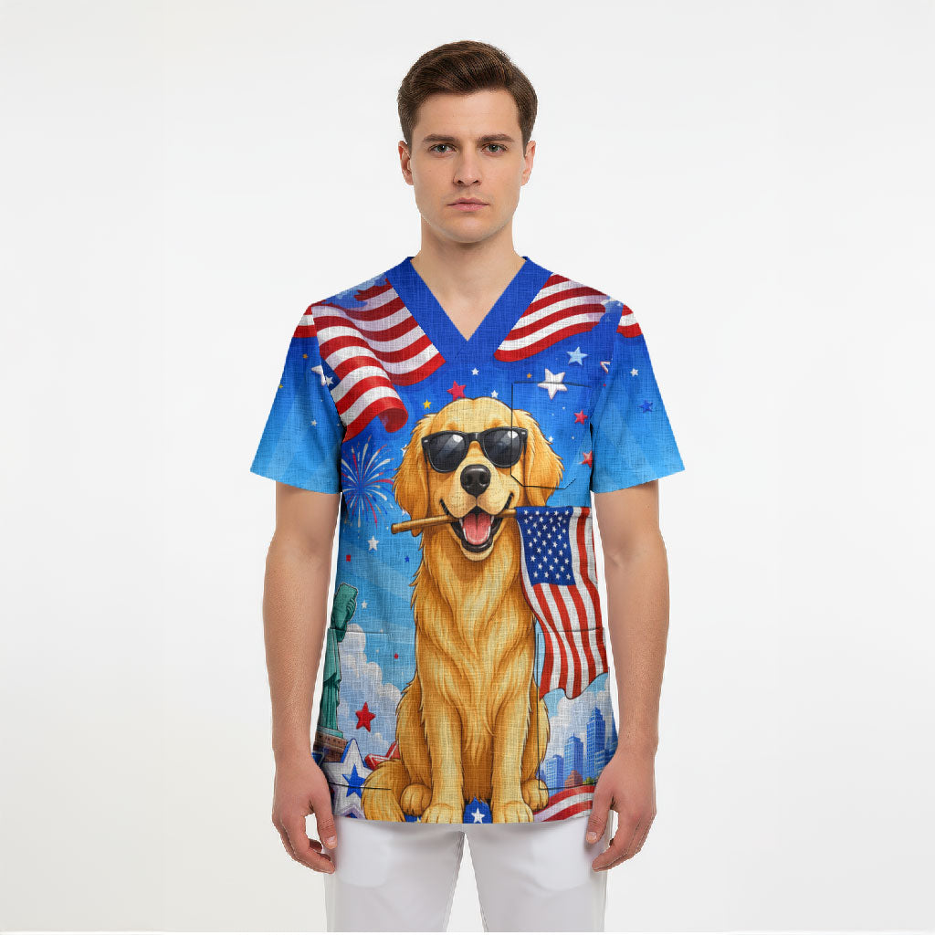 My Dog Is A Democrat Scrub Top Golden Retriever Patriotic American Flag Graphic