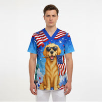 My Dog Is A Democrat Scrub Top Golden Retriever Patriotic American Flag Graphic