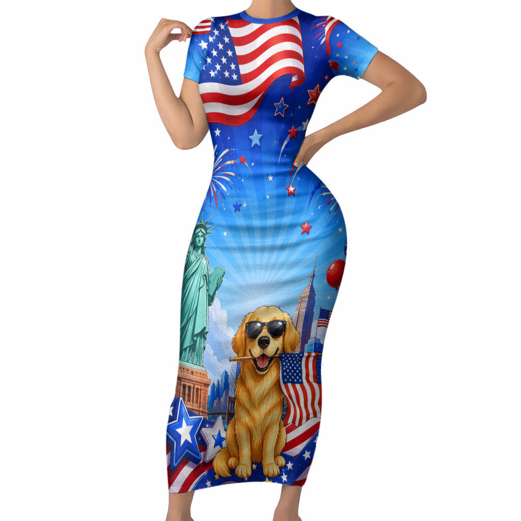 My Dog Is A Democrat Short Sleeve Bodycon Dress Golden Retriever Patriotic American Flag Graphic