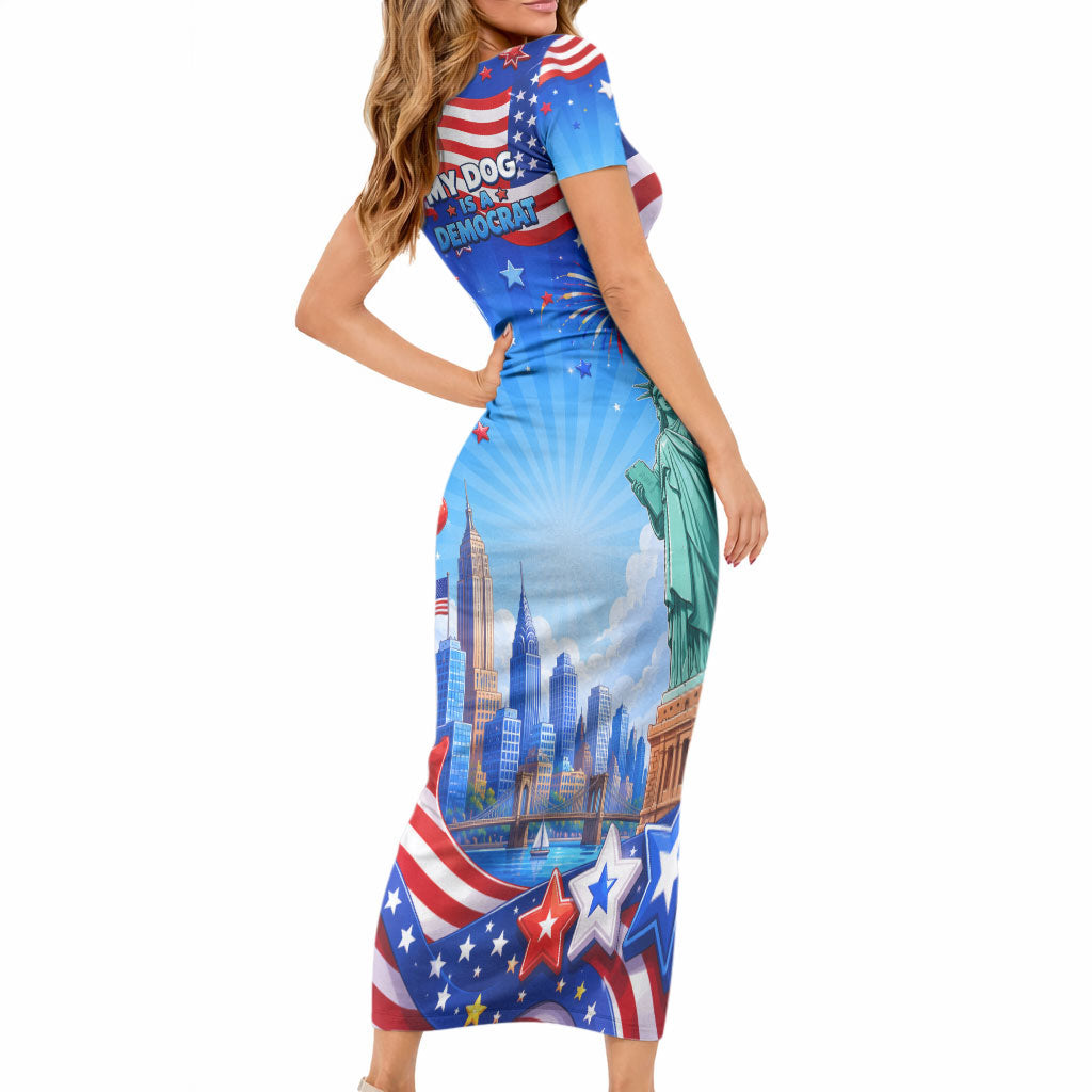 My Dog Is A Democrat Short Sleeve Bodycon Dress Golden Retriever Patriotic American Flag Graphic