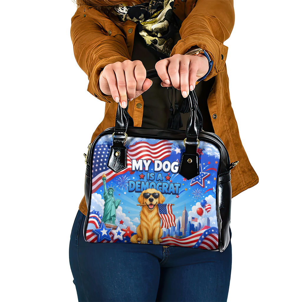 My Dog Is A Democrat Shoulder Handbag Golden Retriever Patriotic American Flag Graphic