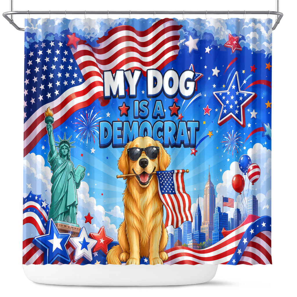 My Dog Is A Democrat Shower Curtain Golden Retriever Patriotic American Flag Graphic