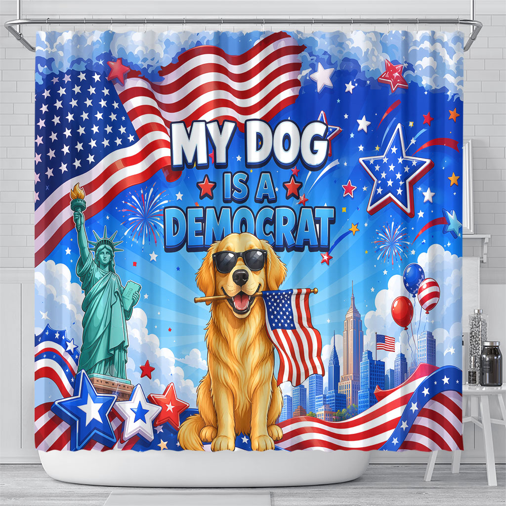 My Dog Is A Democrat Shower Curtain Golden Retriever Patriotic American Flag Graphic
