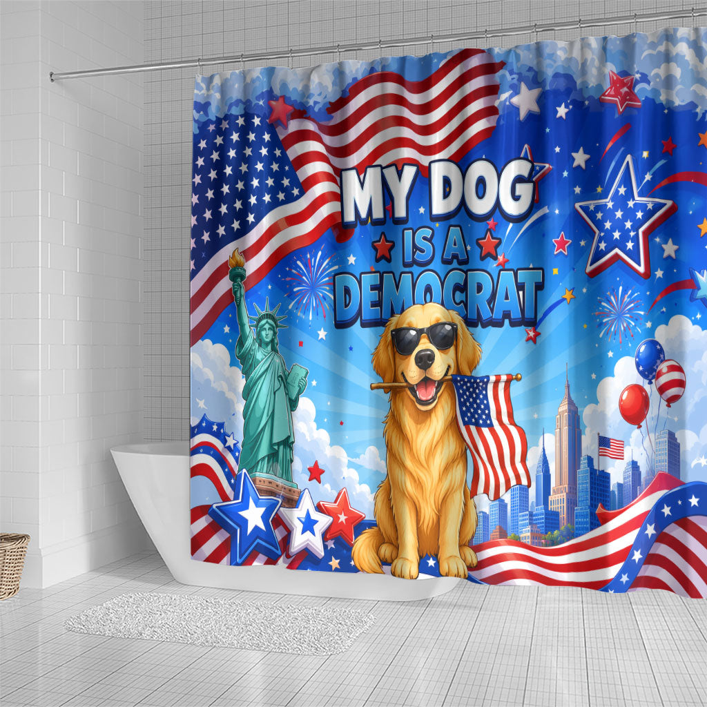 My Dog Is A Democrat Shower Curtain Golden Retriever Patriotic American Flag Graphic