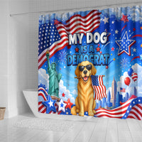 My Dog Is A Democrat Shower Curtain Golden Retriever Patriotic American Flag Graphic