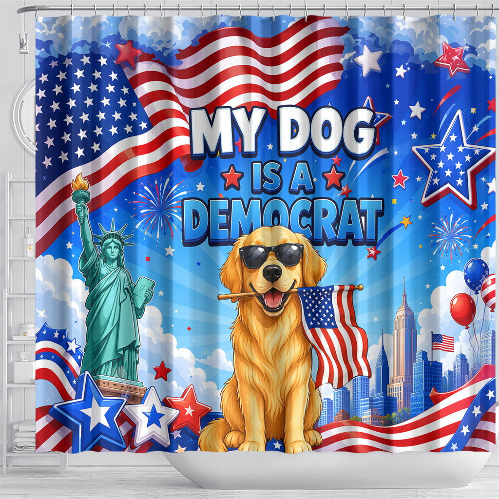 My Dog Is A Democrat Shower Curtain Golden Retriever Patriotic American Flag Graphic