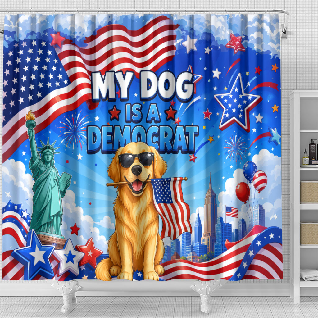 My Dog Is A Democrat Shower Curtain Golden Retriever Patriotic American Flag Graphic