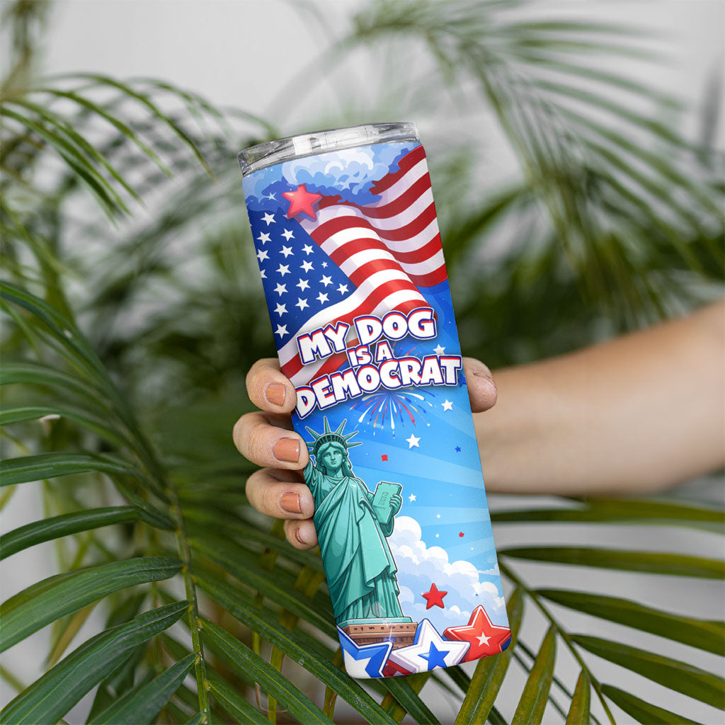 My Dog Is A Democrat Skinny Tumbler Golden Retriever Patriotic American Flag Graphic