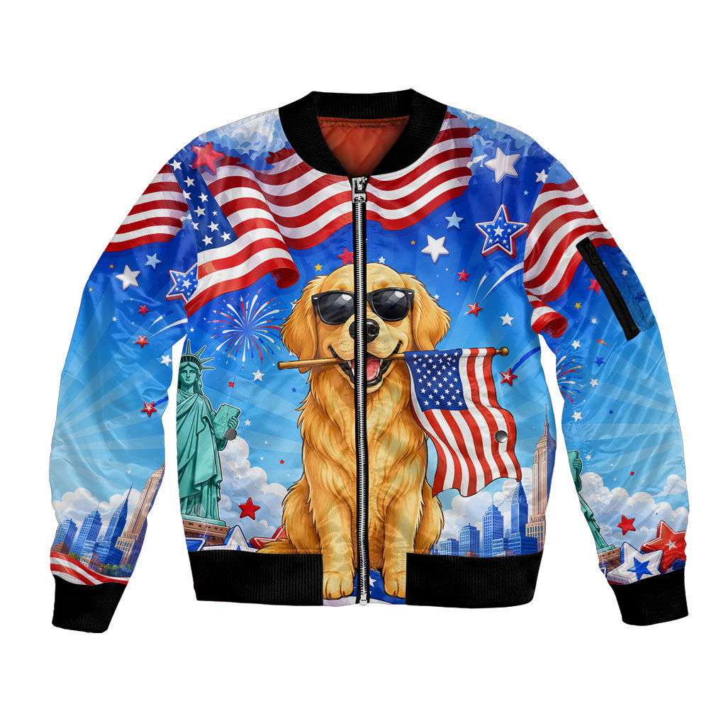My Dog Is A Democrat Sleeve Zip Bomber Jacket Golden Retriever Patriotic American Flag Graphic