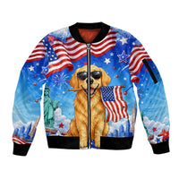 My Dog Is A Democrat Sleeve Zip Bomber Jacket Golden Retriever Patriotic American Flag Graphic