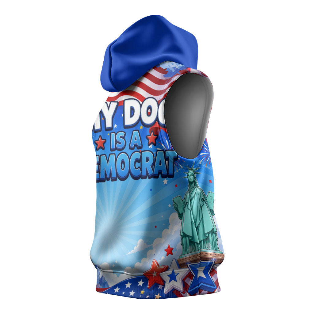 My Dog Is A Democrat Sleeveless Hoodie Golden Retriever Patriotic American Flag Graphic