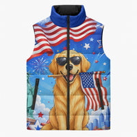 My Dog Is A Democrat Sleeveless Puffer Jacket Golden Retriever Patriotic American Flag Graphic