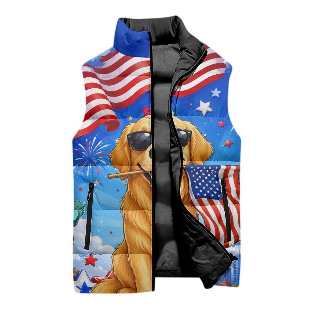 My Dog Is A Democrat Sleeveless Puffer Jacket Golden Retriever Patriotic American Flag Graphic