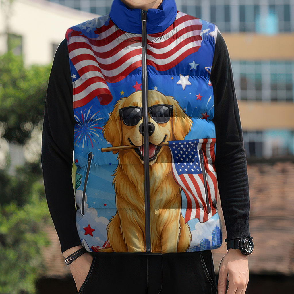 My Dog Is A Democrat Sleeveless Puffer Jacket Golden Retriever Patriotic American Flag Graphic
