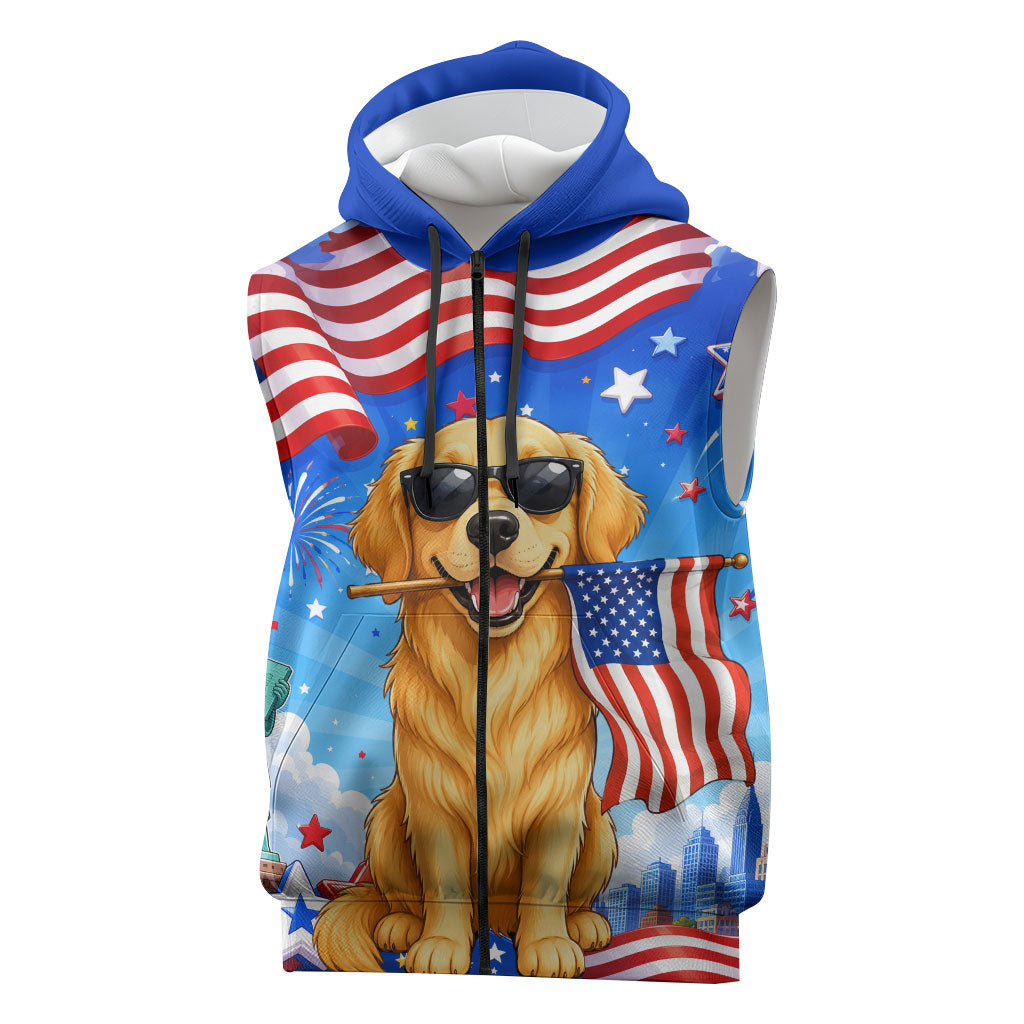 My Dog Is A Democrat Sleeveless Zip Hoodie Golden Retriever Patriotic American Flag Graphic